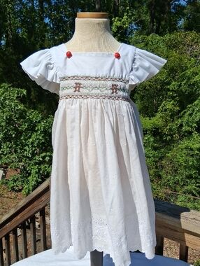 White Eyelet Smocked Flutter Sleeve Dress, Sz 4T, Handcrafted